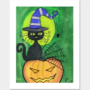 Black cat in purple witch hat on Jack o lantern gouache painting Posters and Art